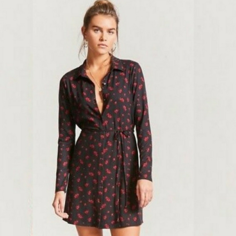 Forever 21 Black Floral Button Up Shirt Dress